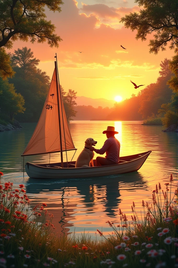 A Sunset near a Lake with a man sailing boat with his dog