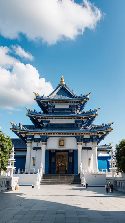 Blue sky, white clouds, temple, people