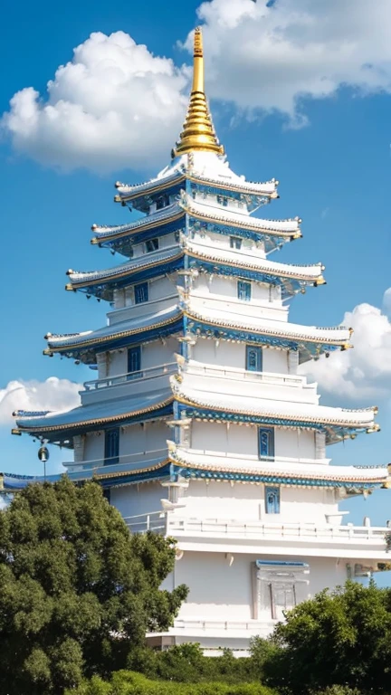 Blue sky, white clouds, temple, people