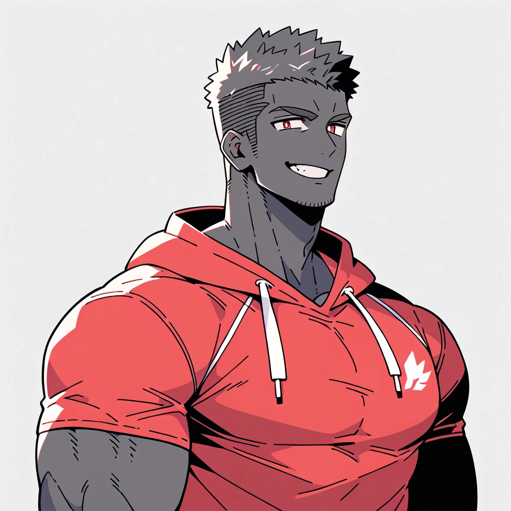 anime characters:Priapus, Black Black Skin Muscle Sports Student, Manliness, male focus, Red Sports tight hooded sweatshirt, Wear a high-necked tights underneath, Very tight, Huge pectoral muscles, muscular male, muscular, Perfect muscular waist, only, Upper body, alone, Red short hair, Thick eyebrows, stubble, Brown-red pupils, White background, Solid color background, Clean background, simple background, amazing quality, best aesthetics, Ridiculous, crew cut, smirk, bright pupils, grin, negative space, negative space, best quality