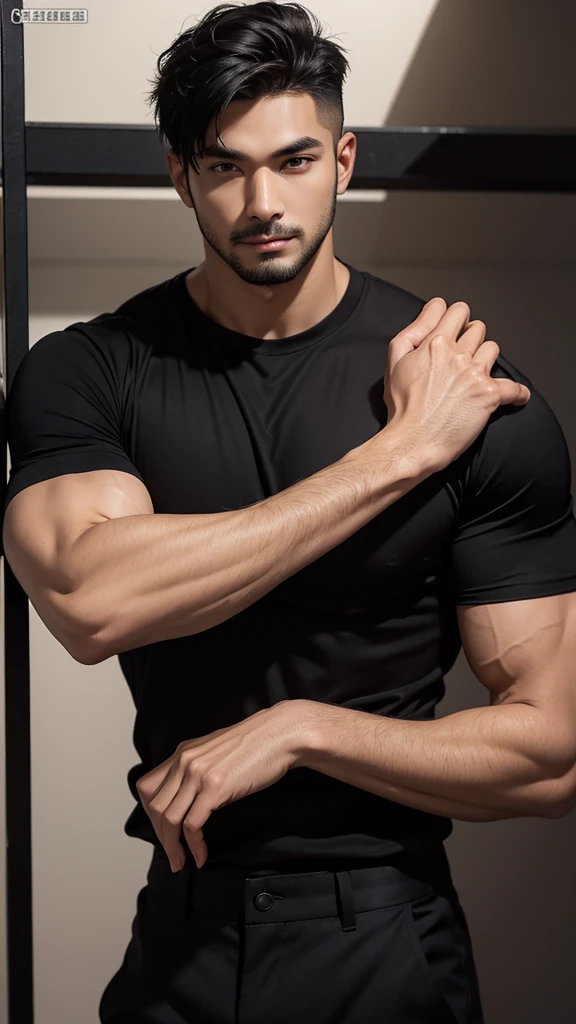 a muscular handsome man, black shirt, black pants, looking at viewer romantically, fair skin, black short hair, light facial hair, sexy expression,