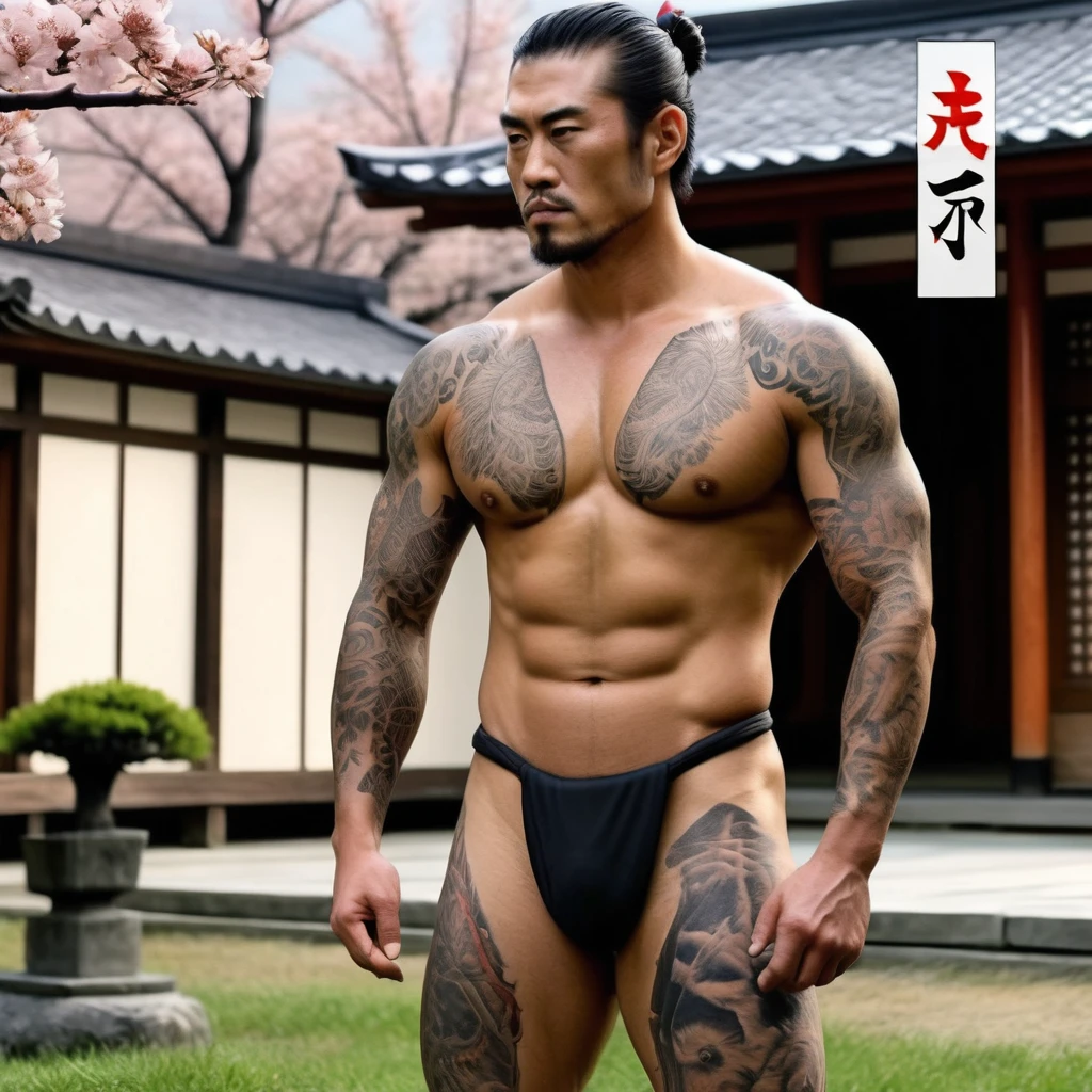 a sexy tattooed samurai man wearing fundoshi, while he's outside on a beautiful spring day preparing to commit seppuku, photorealistic, HD
