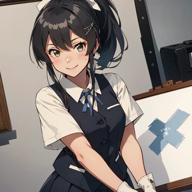 oyashio,hairclip,black vest,white shirt,blue ribbon,neck ribbon,short sleeves,,black skirt,pleated skirt,white gloves,(ponytail:1.2)
,(masterpiece:1.4),(best quality:1.4), (premium:1.4), (great illustration:1.4), (ultra-detailed:1.4),(art CG, 8K),1girl solo, KonishiCSA, smile,blush,
