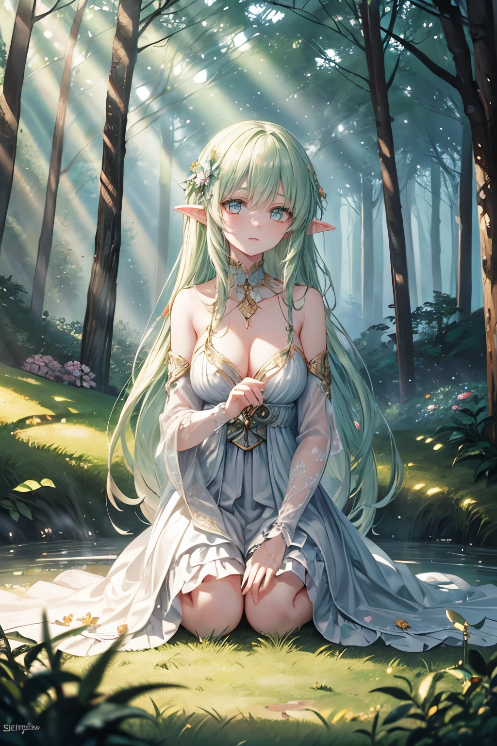 (High resolution,Highest quality),Detailed elven woman,Detailed face,Detailed eyes,Look up at the sky,Half naked,Vibrant colors,Landscape Background,Forest Elements,waterfall,Ethereal atmosphere,Soft sunlight,Calm expression,Flowing Hair,Fantasy Setting,Magical atmosphere,Glowing Flower,Delicate features,Enchanted Forest,light,pastel colour,Mystical Creatures,Majestic Tree々,Carbonated water,Mottled Shadows,Heavenly Beauty,Ferocious yet elegant,Graceful posture,A strong connection with nature,Mystical Eyes,Wisdom and magic,A harmonious blend of fantasy and reality,Mythical world,Magic in the air,Peace and tranquility,Immersive Experience,Whimsical and seductive,An unforgettable visual journey,Masterpiece artwork