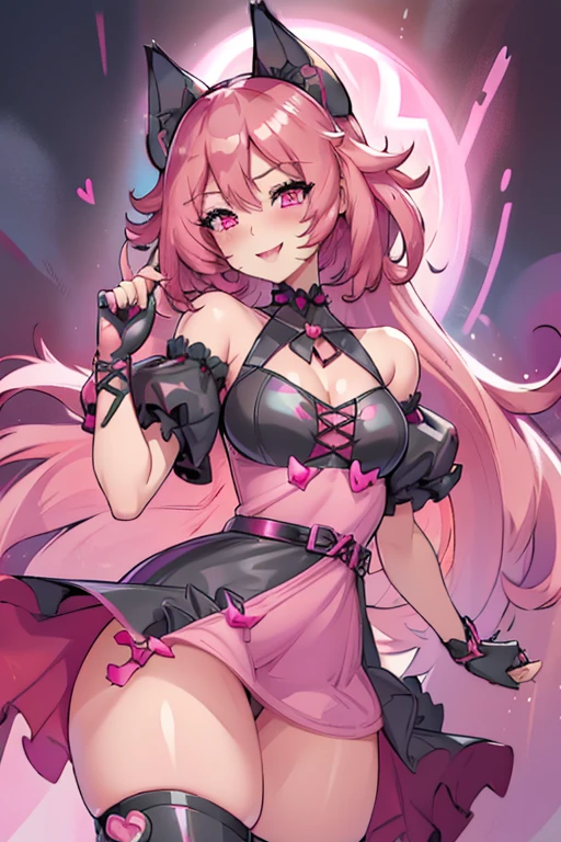 female, pink short messy hair, red eyes, black cat ears, pink cat tail, (((1girl))), (((black and pink minidress))), (pink belt), (black fingerless gloves), (black thigh high boots), (rose tinted glasses), cute and sexy, full body, modest breasts, long legs, smiling