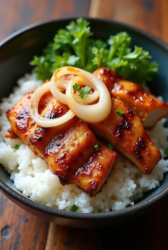 A donburi (rice bowl) made with large pieces of white onion and chicken　Taken from above