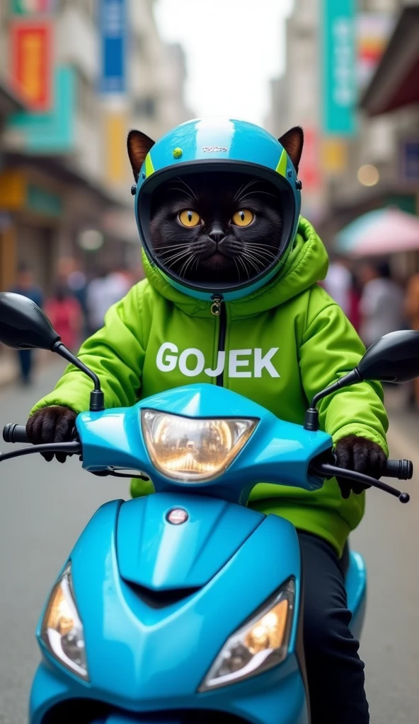 Create an image of a chubby, cute black cat riding a blue Honda Beat matic motorcycle on a busy road. The cat is wearing a green jacket with the word "GOJEK" white color printed on it, along with a helmet on its head both of ears are disappear behing helmet. It looks happy and content as it navigates through the traffic, with a delivery order strapped securely on the back of the motorcycle. The scene captures the lively atmosphere of a crowded street, with the cheerful cat embodying the spirit of a dedicated delivery driver in an urban setting.