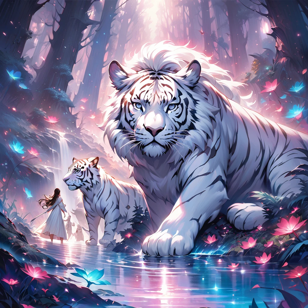 beautiful detailed Hindu goddess Durga, riding a fierce white tiger, Vibrant and realistic colors, surreal landscape, ethereal atmosphere, mystical forest, magical moonlight, dreamlike water reflections, dynamic composition, enchanting scene, intense and captivating emotions, Intricate and fascinating details, soft brushstrokes on the canvas, harmonious color palette, striking contrast between light and dark, Mythical creatures, powerful and majestic presence, deep connection between the woman and the white tiger, enigmatic and thought-provoking story .
Note: Be sure to adjust the intensity of keywords (like "official art: 1.2" and "2D: 1.5") as needed to emphasize certain aspects of the artwork. 39;s prompt.