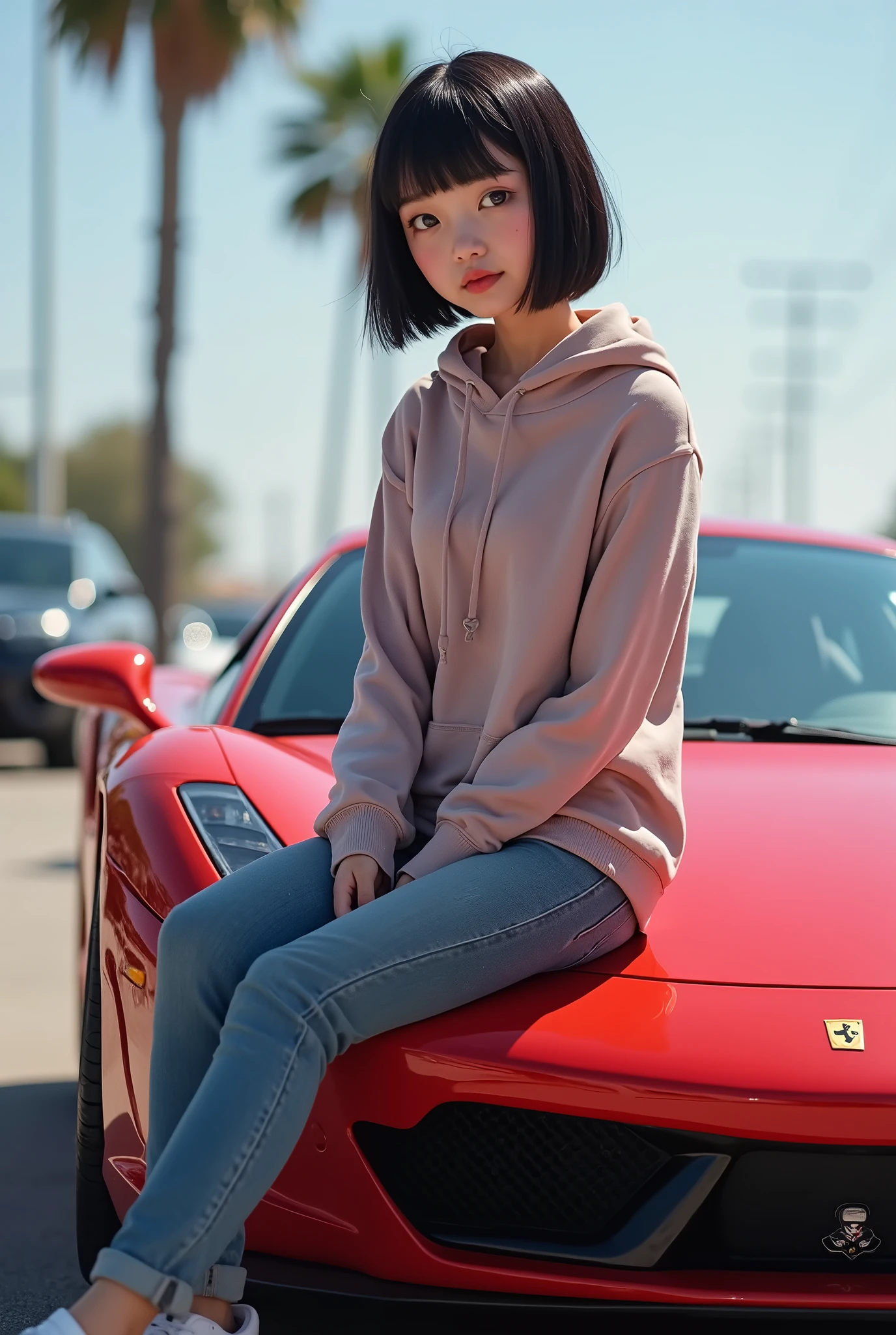 An Asian girl with short hair sitting on top of her sports car