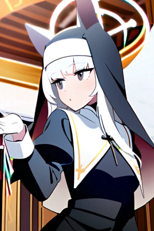 Long white hair with white dog ears, black eyes, dressed in a nun's outfit with a large chest.
