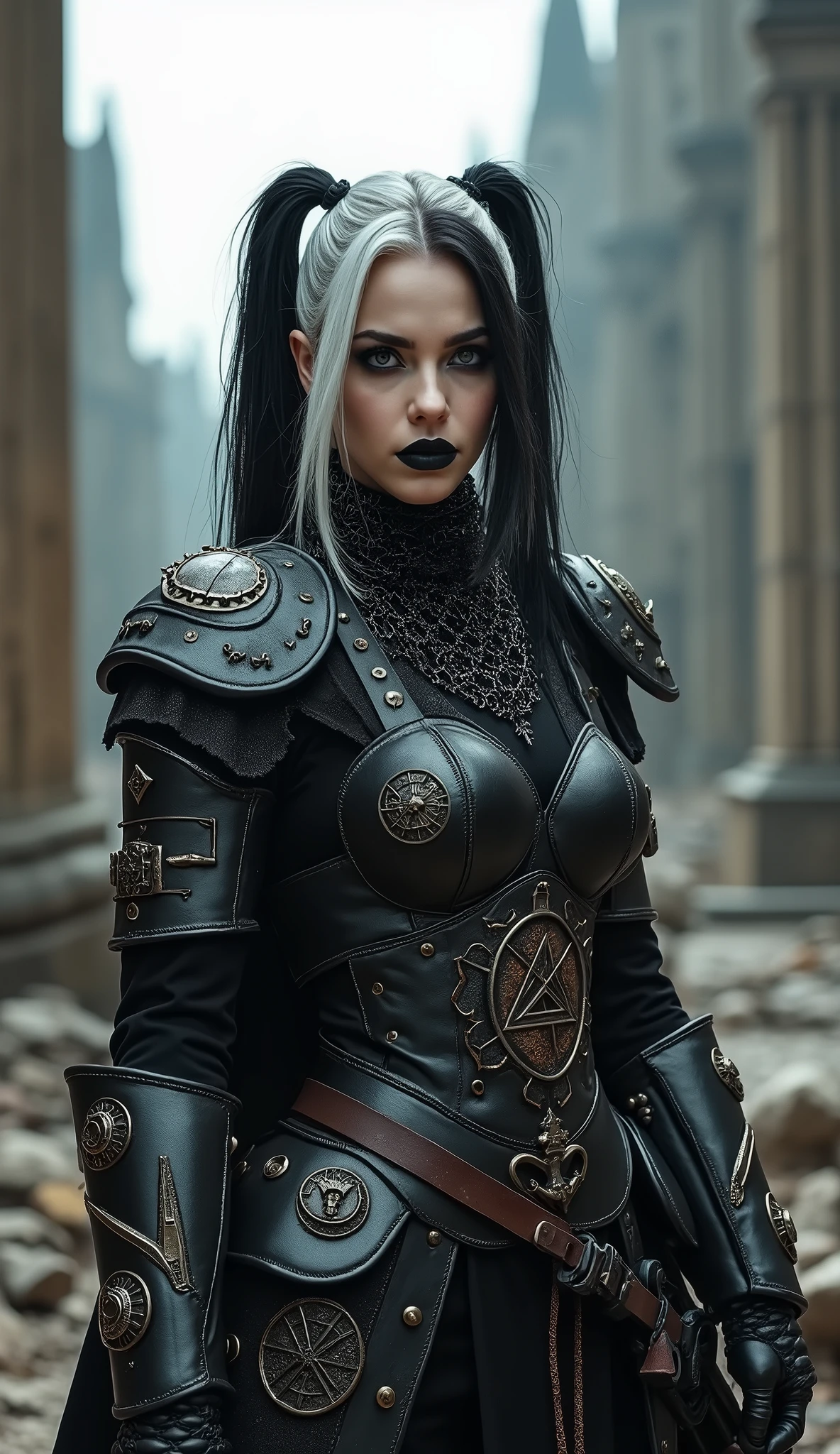 warhammer serious young hardcore mercenary soldier goth pale women female with black and white hair streak badass in pure black custom crusader marine chainmail armour with satantic hexs symbols embroidery carved onto armour goth smokey makeup, black lips haughty sign of superiority as she rocks a gattling gun on chainmail and shoulder pauldron gothic architecture church cathedral raw envioroment