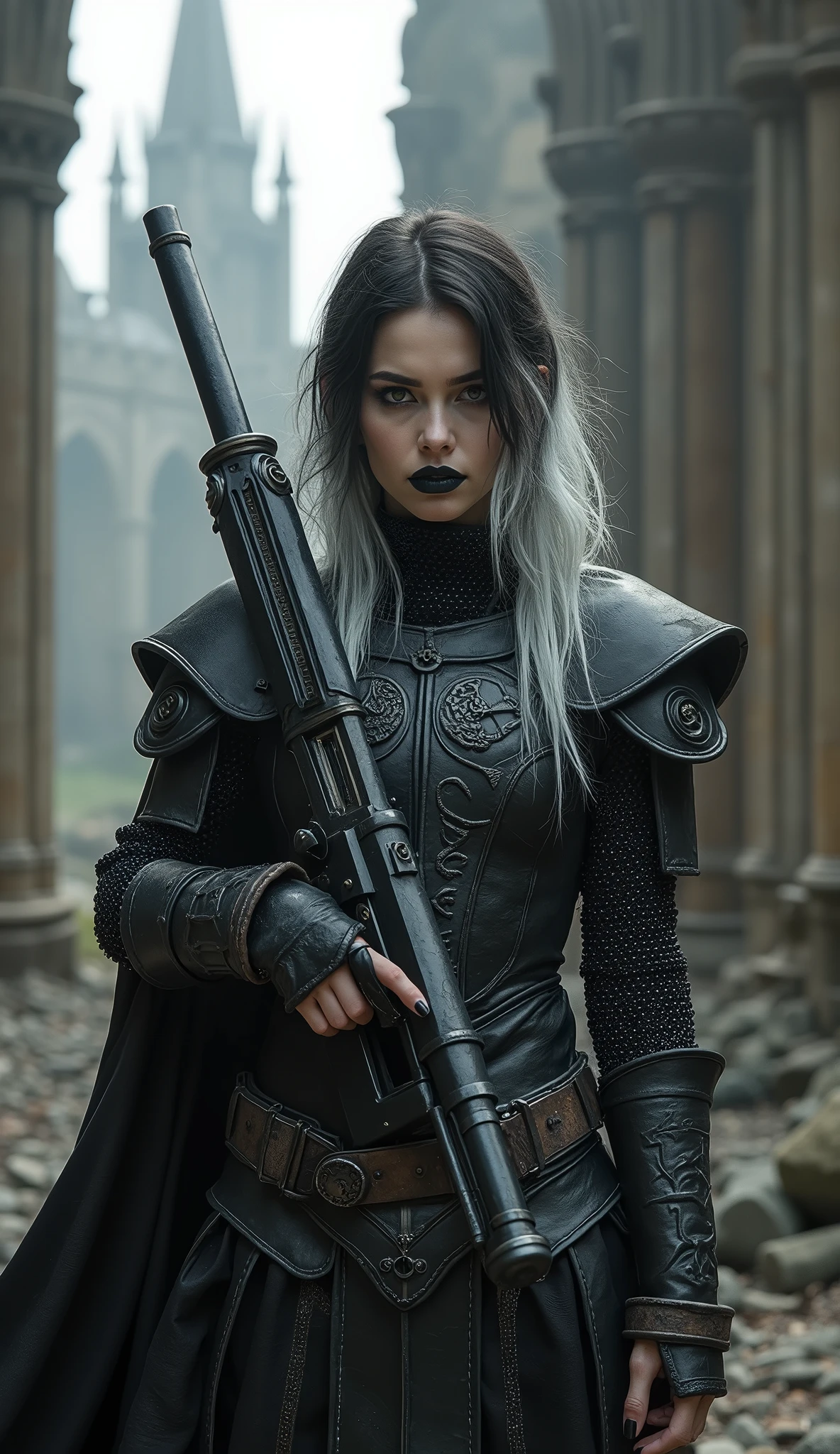 warhammer serious young hardcore mercenary soldier goth pale women female with black and white hair streak badass in pure black custom crusader marine chainmail armour with satantic hexs symbols embroidery carved onto armour goth smokey makeup, black lips haughty sign of superiority as she rocks a gattling gun on chainmail and shoulder pauldron gothic architecture church cathedral raw envioroment