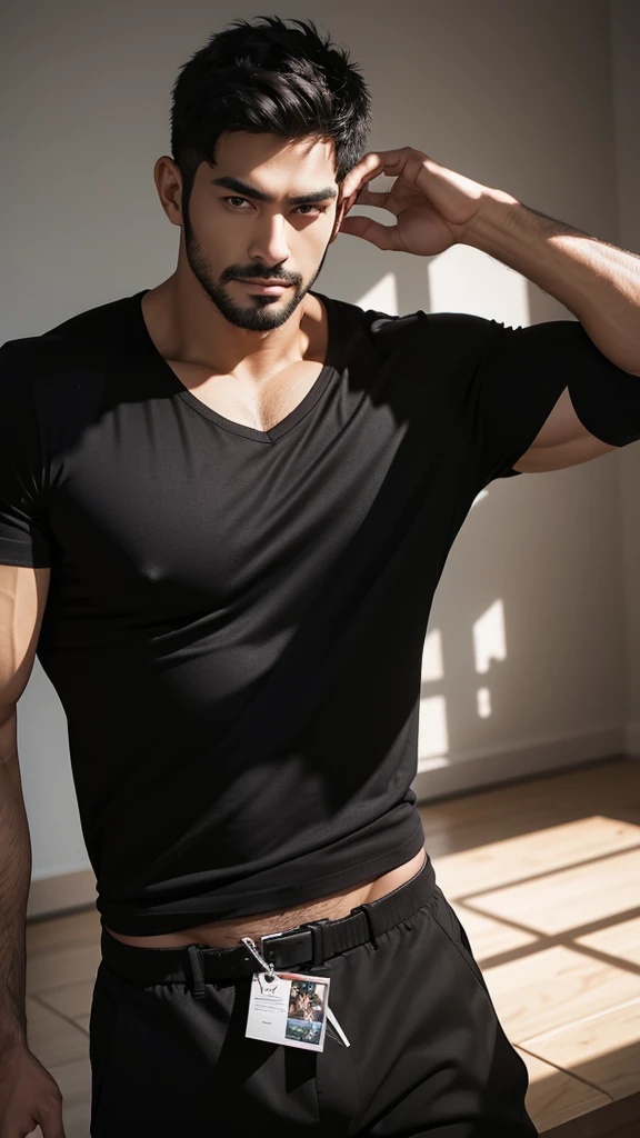 a muscular handsome man, black shirt, black pants, looking at viewer romantically, fair skin, black short hair, light facial hair, sexy expression,