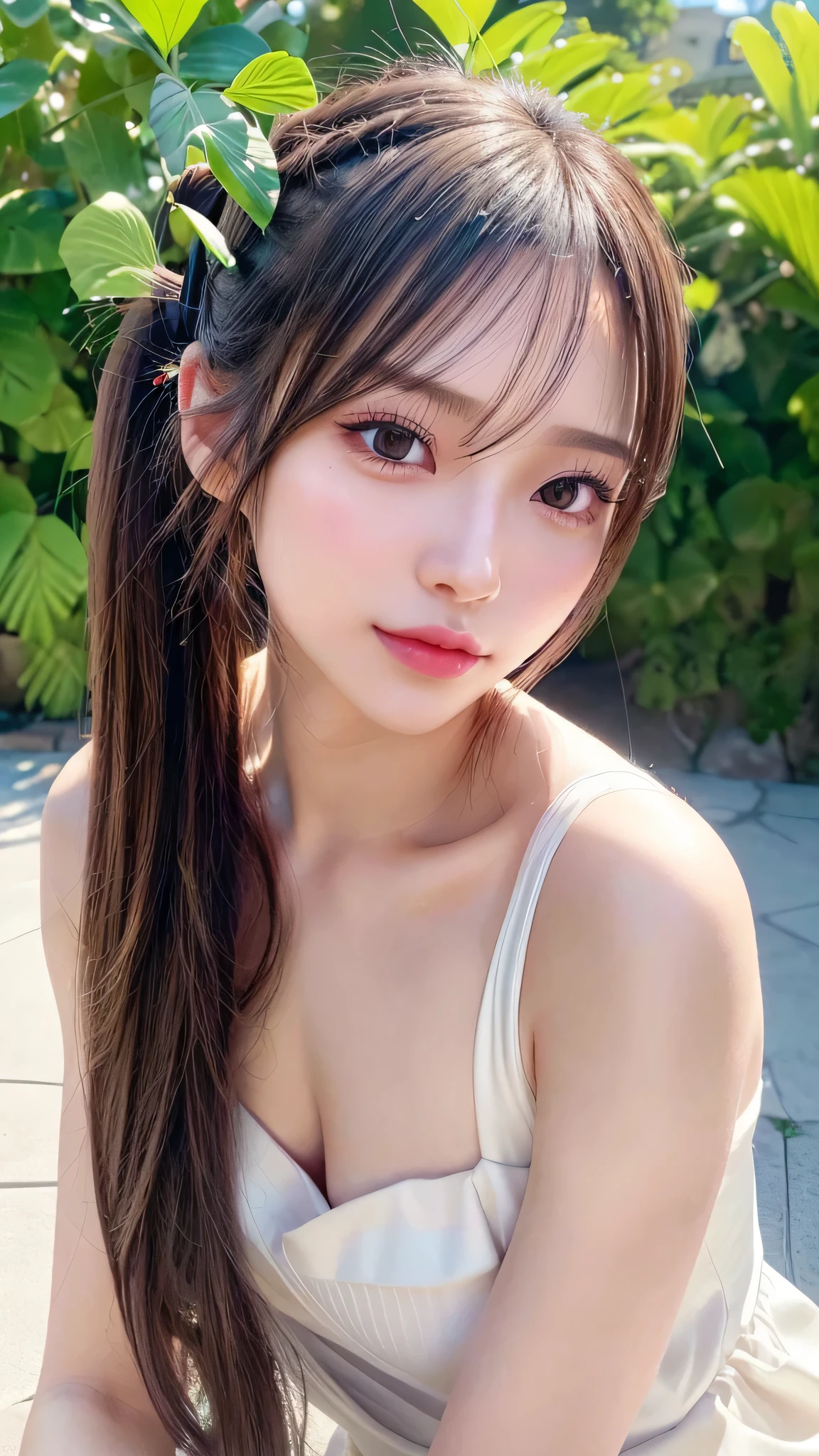 body shot,Outdoor,Black micro bikini,resort Beach,Ultra-detailed, finely detail, hight resolution, 8K Wallpaper, Perfect dynamic composition, Beautiful detailed eyes,,Close-up of face,,Blushing,Facing forward,Long hair ponytail,((8k, Raw photo, Best Quality, Mastepiece:1.2), (Realism, Photorealistic:1.4), (Highly detailed 8K wallpapers), Depth of written boundary, Cinematic Lighting, Soft Light, Detailed Beauty Eye,Shiny and smooth light brown ponytail, Asymmetrical bangs, Shiny skin, Ultra-detailed skins ,It is high resolution., High detail, Detailed hairstyle, Detailed facial beauty, Hyper-realistic, Perfect limbs, Perfect Anatomy ,Of Japanese,Famous Japanese Idols, Perfect female body,A shy smile,Short eyelashes,Double-edged eyelids,Look straight here,Hair style: ponytail,