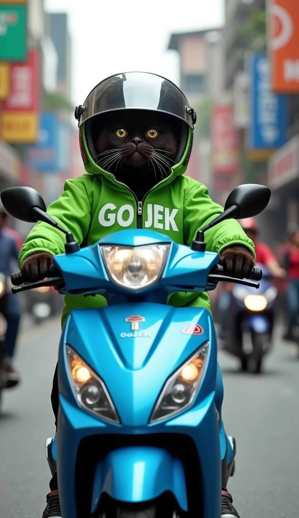 Create an image of a chubby, cute black cat riding a blue Honda Beat matic motorcycle on a busy road. The cat is wearing a green jacket with the word "GOJEK" white color printed on it, along with a helmet on its head both of ears are disappear behing helmet. It looks happy and content as it navigates through the traffic, with a delivery order strapped securely on the back of the motorcycle. The scene captures the lively atmosphere of a crowded street, with the cheerful cat embodying the spirit of a dedicated delivery driver in an urban setting.