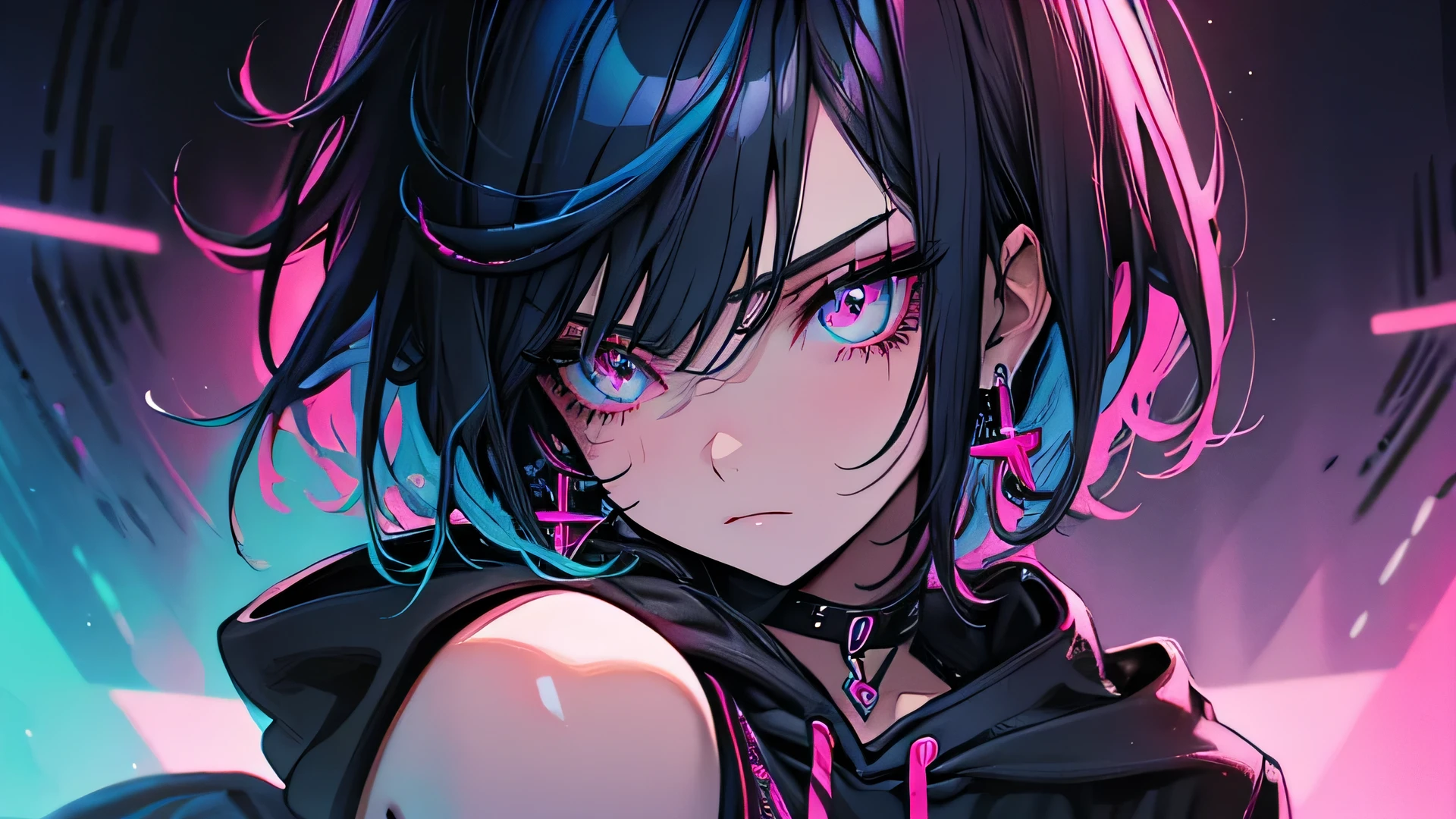 1 woman sitting in neon background, long black hair, blue hair strands, pink eyes, closed mouth, wearing black hoodie, long eyelashes, cross earrings, pink eyeshadow, jewelry, short hair, colorful hair, pink themed