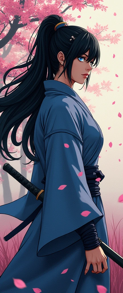 a Japanese comic art of a female samurai, holding a katana in a salute, half of the face are shaded, black hair, long hair, carried in the wind, blue piercing eyes, pale skin, Ultra-high resolution, High Contrast, (masterpiece:1.5), highest quality, Best aesthetics), best details, best quality, highres, 16k, (ultra detailed: 1.5), masterpiece, best quality, (extremely detailed) RAW, (ultra details, Masterpiece, best quality),