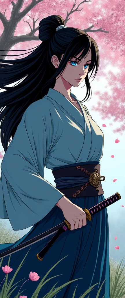 a Japanese comic  art of a female samurai, holding a katana in a salute, half of the face are shaded, black hair, long hair, carried in the wind, blue piercing eyes, pale skin, Ultra-high resolution, High Contrast, (masterpiece:1.5), highest quality, Best aesthetics), best details, best quality, highres, 16k, (ultra detailed: 1.5), masterpiece, best quality, (extremely detailed) RAW, (ultra details, Masterpiece, best quality),