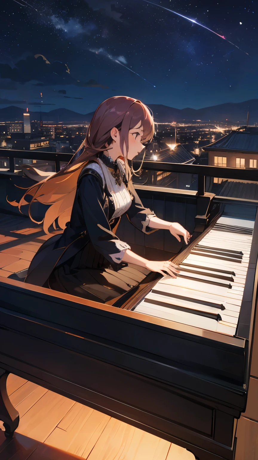 A woman playing the piano under the night sky、rooftop