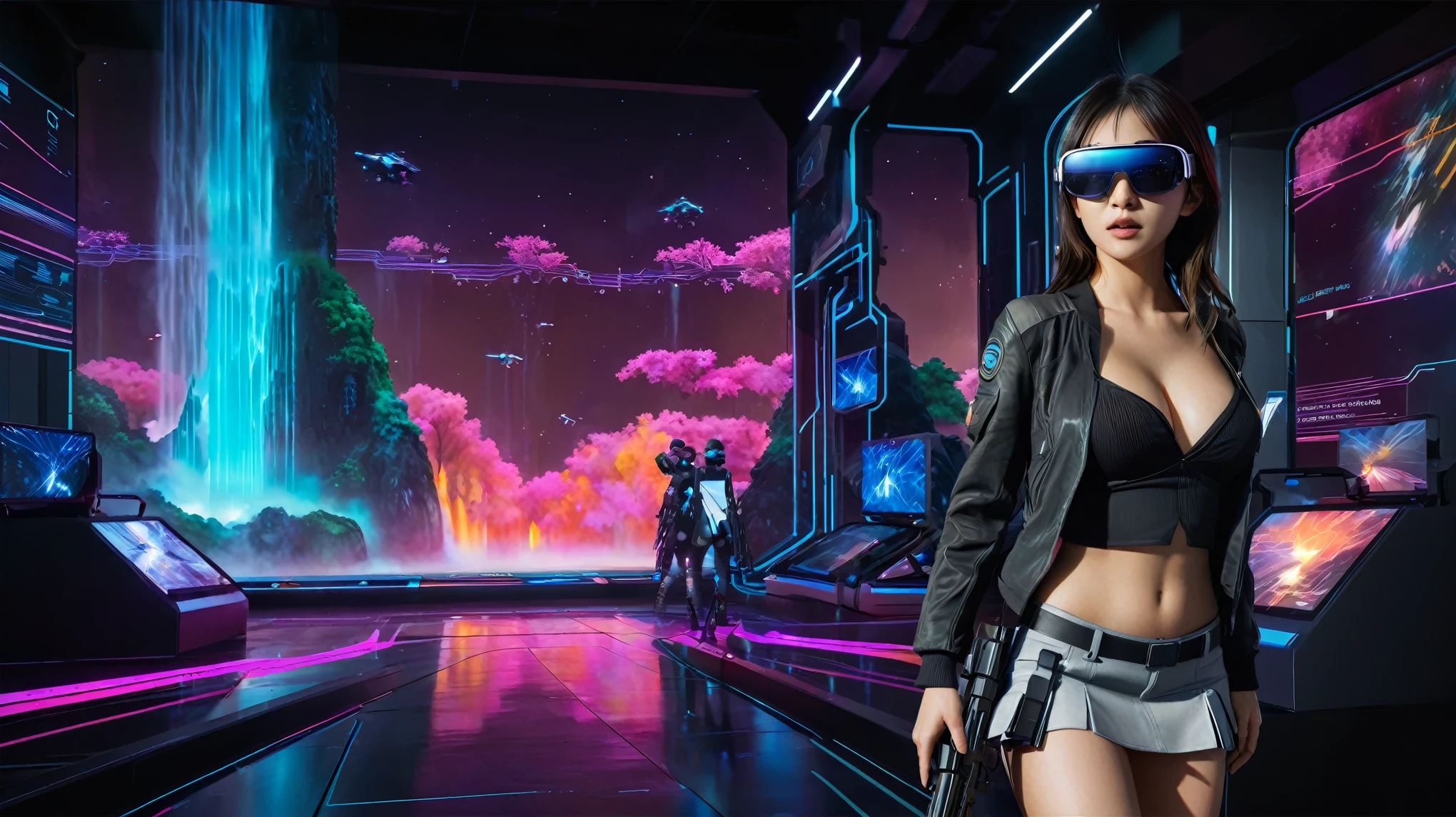 A futuristic sci-fi virtual battle field of war game, shooting range with moving targets, flying vehicle, neon waterfalls. High-resolution OLED GUI interfaces in the building, The windows are filled with transparent data visualization infographics that show it all, from weather patterns to traffic flow, Matrix cascading code. Colors are saturated and vibrant. At night, (1girl, solo), photo realistic, medium-breast:1.3 slim body, cleavage, sling top, miniskirt, (mini VR sunglasses, holding a short gun), half-body thigh level medium shot, cinematic lighting, ray tracing.