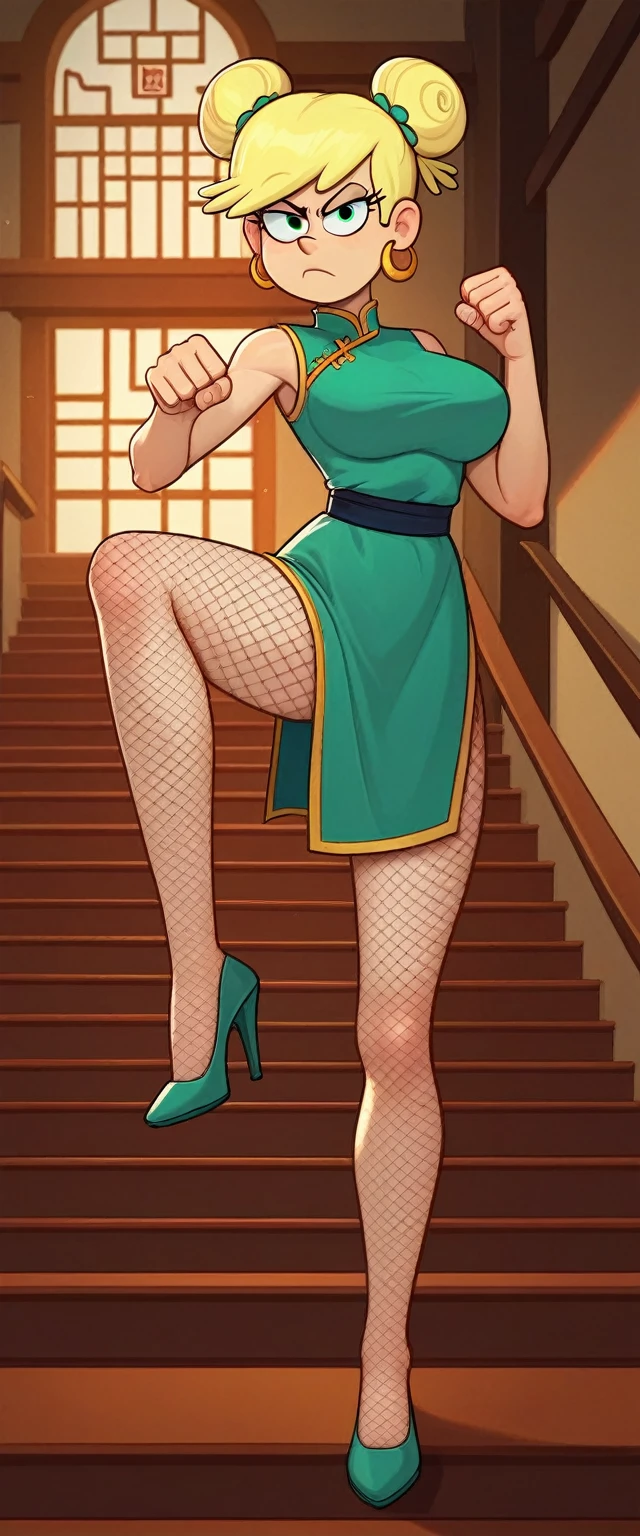 leni loud, 1girl, solo, 24yo girl, large breasts, green cheongsam,  inside of a chinese temple, looking at viewer, fishnet stockings, blonde hair, two hair buns , hands  score_9, score_8_up, score_7_up, high heels, teep fighting stance,martial arts, stairs behind her, guarding the stairs