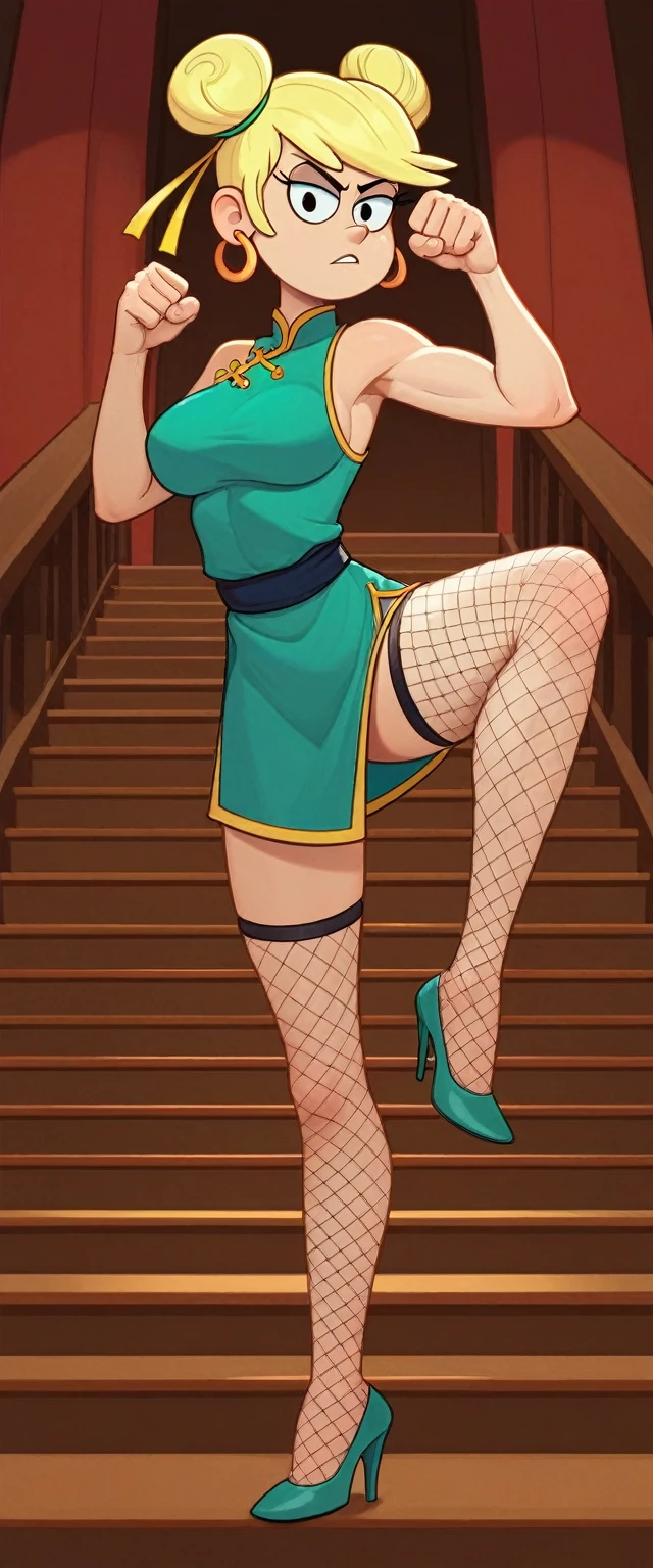 leni loud, 1girl, solo, 24yo girl, large breasts, green cheongsam,  inside of a chinese temple, looking at viewer, fishnet stockings, blonde hair, two hair buns , hands  score_9, score_8_up, score_7_up, high heels, teep fighting stance,martial arts, stairs behind her, guarding the stairs