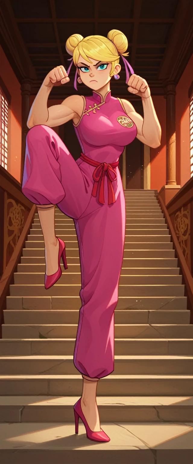 lola loud, 1girl, solo, 24yo girl, large breasts, pink cheongsam,  inside of a chinese temple, looking at viewer, blonde hair, two hair buns , hands  score_9, score_8_up, score_7_up, high heels, teep fighting stance,martial arts, stairs behind her, guarding the stairs