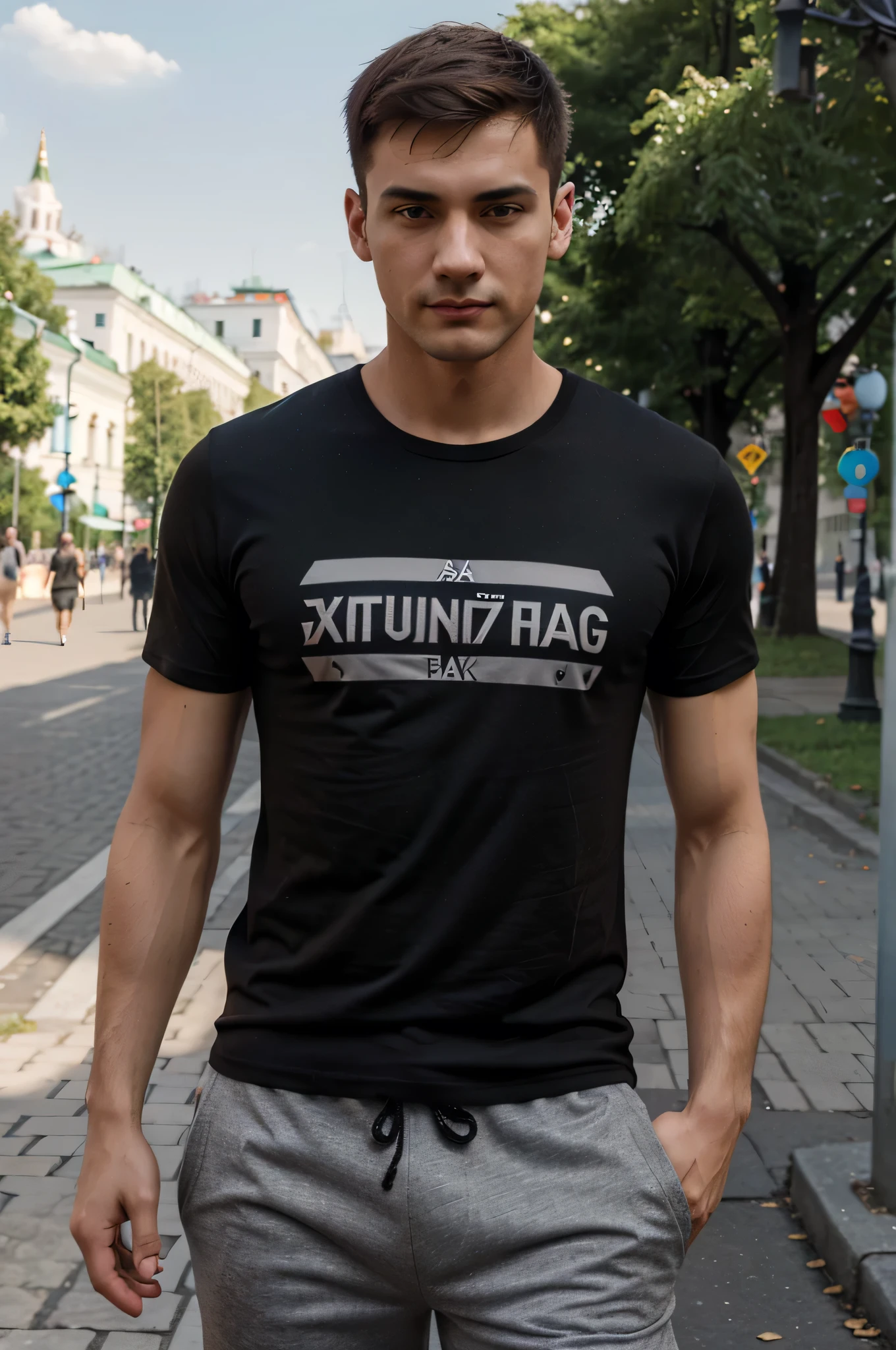 A man with a handsome face, thin build, Brown eyes, short haircut, homosexual appearance, Slavic face, in a black t-shirt and gray shorts, on the street in a Moscow park with detailed elaboration of everything and in good quality