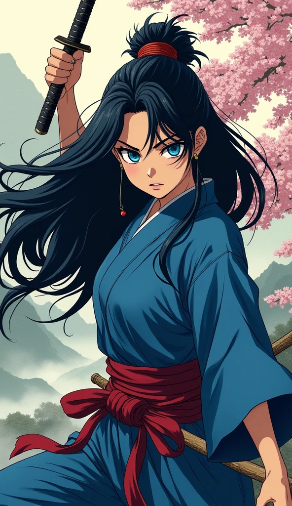 a Japanese comic  art of a female samurai, holding a katana in a salute, ready for battle, half of the face are shaded, black hair, long hair, carried in the wind, blue piercing eyes, pale skin, Ultra-high resolution, High Contrast, (masterpiece:1.5), highest quality, Best aesthetics), best details, best quality, highres, 16k, (ultra detailed: 1.5), masterpiece, best quality, (extremely detailed) RAW, (ultra details, Masterpiece, best quality),