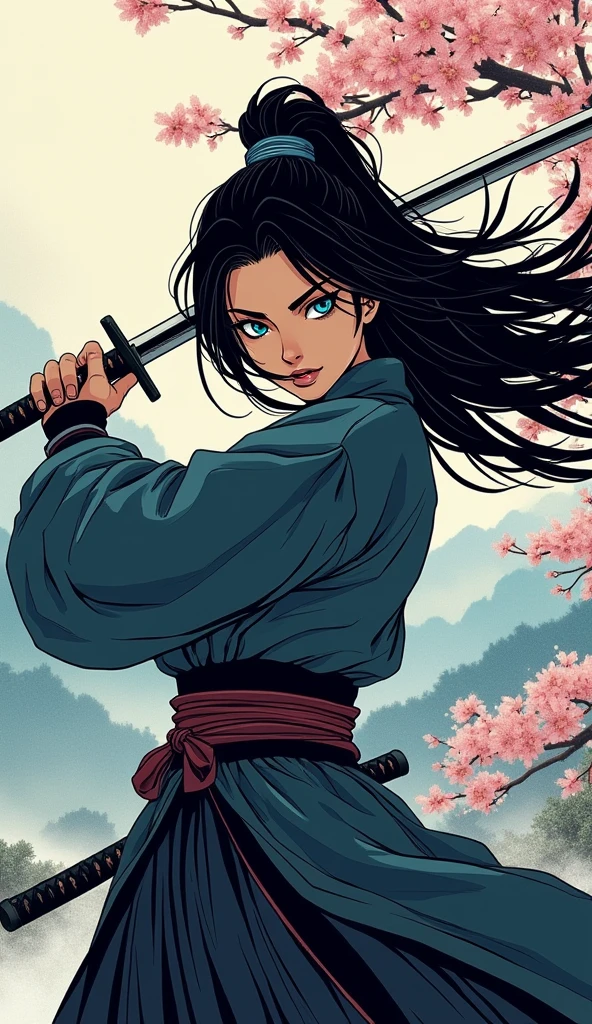 a Japanese comic  art of a female samurai, holding a katana in a salute, ready for battle, half of the face are shaded, black hair, long hair, carried in the wind, blue piercing eyes, pale skin, Ultra-high resolution, High Contrast, (masterpiece:1.5), highest quality, Best aesthetics), best details, best quality, highres, 16k, (ultra detailed: 1.5), masterpiece, best quality, (extremely detailed) RAW, (ultra details, Masterpiece, best quality),