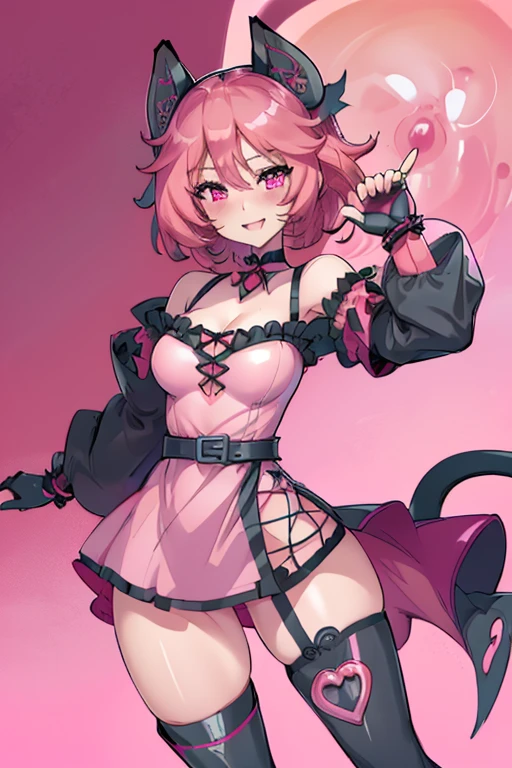 female, pink short messy hair, red eyes, black cat ears, pink cat tail, (((1girl))), (((black and pink minidress))), (pink belt), (black fingerless gloves), (black thigh high boots), (rose tinted glasses), cute and sexy, full body, modest breasts, long legs, smiling