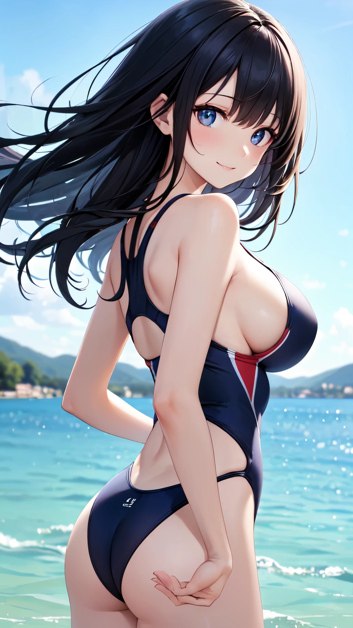 ((masterpiece,best quality,ultra detailed,high resolution)),(daytime,clear weather,front light),looking viewer,((solo,beautiful-woman)),(black hair,straight hair),(beautiful detailed face,beautiful detailed eyes),(finely detailed skin,fair skin),slender,light smile,(navy competition swimsuit),(on the beautiful lake,beautiful sky),(big breast,perky breast,medium hip),from behind,