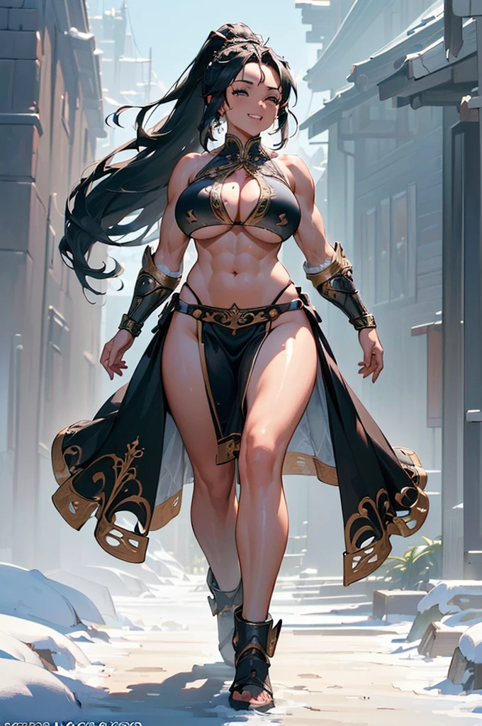 ((((High resolution, Intricate details, masterpiece, 8k)))), (((beautiful, Muscular, Bikini Armor, Pelvic Curtain))), ((One Woman, full body, laughing, Mouth closed, Walking)), (Black Hair, Forehead, Long Hair, ponytail, Large Breasts, Huge Saggy Tits, Glowing Skin), from front, looking at viewer, look at viewer, outside, Snow Mountain, bright,