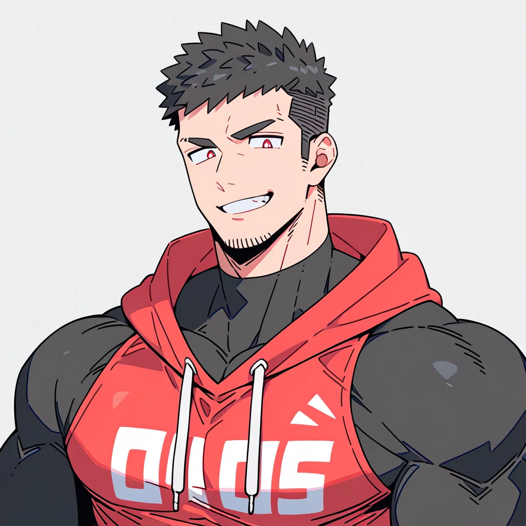 anime characters：Priapus, Black Black Skin Muscle Sports Student, Manliness, male focus, Red Sports tight hooded sweatshirt,  Wear a high-necked tights underneath, Very tight, Huge pectoral muscles, muscular male, muscular, Perfect muscular waist, only, Upper body, alone, Red short hair, Thick eyebrows, stubble, Brown-red pupils, White background, Solid color background, Clean background, simple background, amazing quality, best aesthetics, Ridiculous, crew cut, smirk, bright pupils, grin, negative space, negative space, best quality