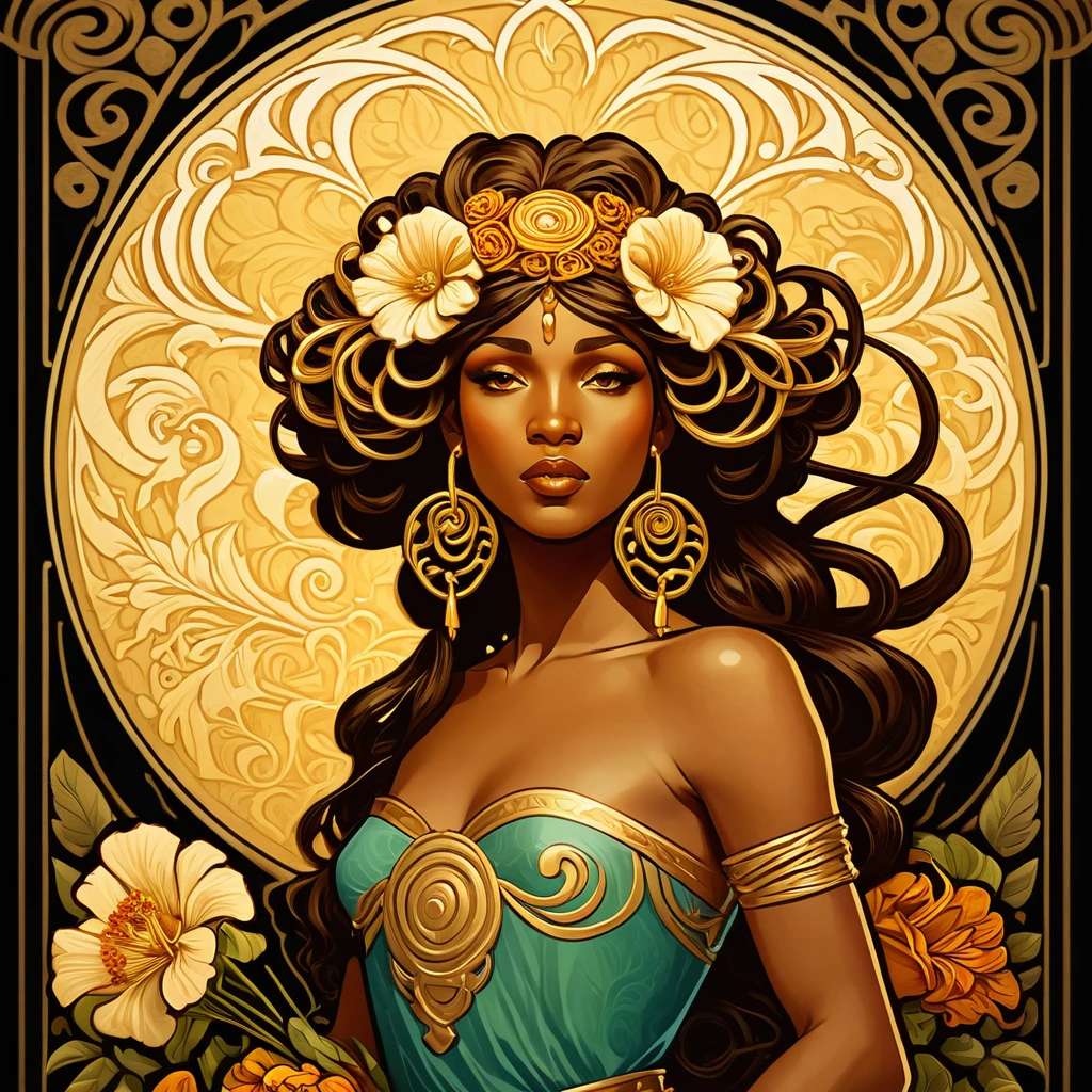 old (Masterpiece, Best Quality, Highres:1.2) Art Nouveau Style Beautiful African Woman with large Hair Shaped as Flowers and large necklaces in the Style of Alphonse Mucha, portrait of a beautiful cute, very beautiful, standing artistically, realistic natural, professional light distribution, very artistic lighting gradation, artistic detail, highly detailed, centered, Nymph-pattern vintage wallpaper with dramatic backlighting casting deep shadows, featuring a meticulously crafted illustration inspired by Dan Mumford and Alphonse Mucha, hyper-realistic and photorealistic textures, extremely detailed with intricate floral and foliage elements, octane rendered in 8K (extremely detailed 8k wallpaper), Golden ratio, hidden ancient African symbols (, Spiral), balanced design, color harmony, Vernis Martin, golden, ancient mythology, artistically twisted edges, reminiscent of old-world craftsmanship with a contemporary edge, volumetric lighting, ultra fine details.