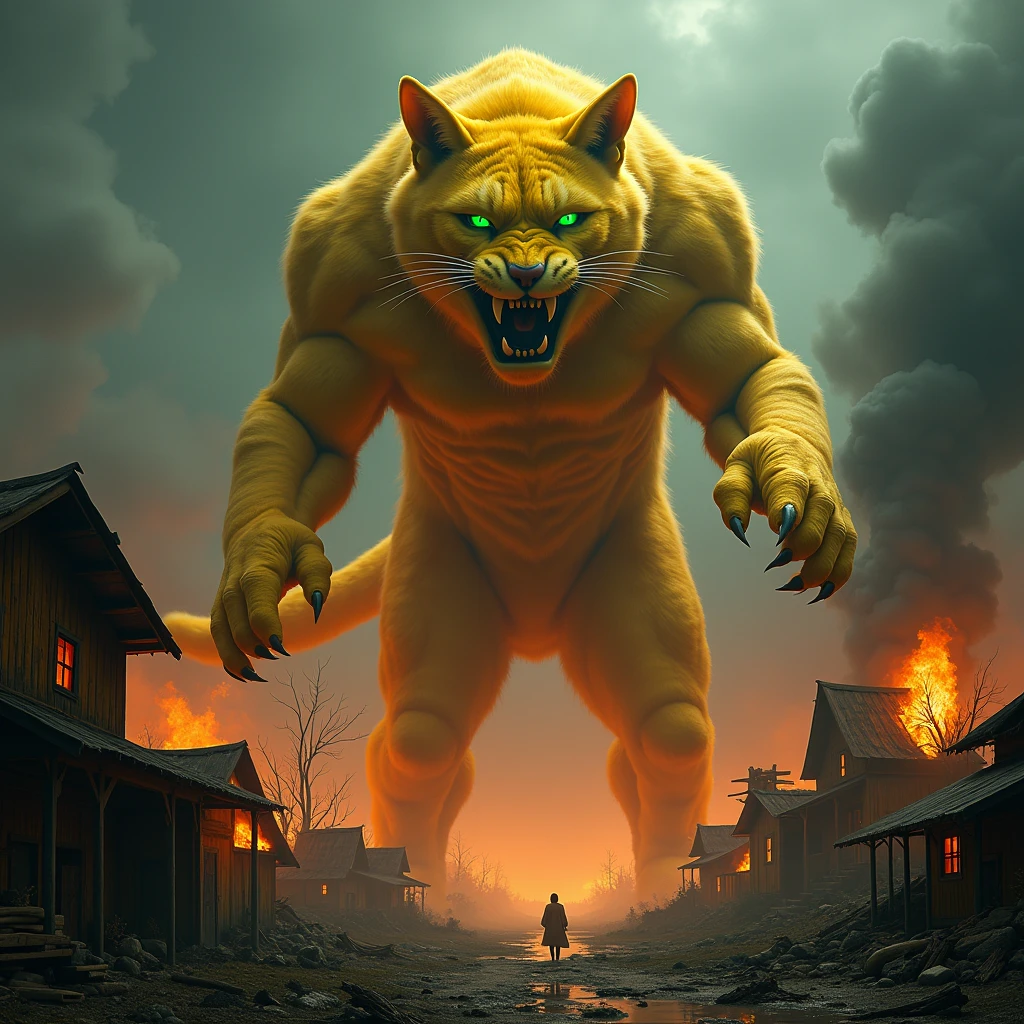 a large ferocious yellow cat,monster,burning village background,10m tall,mythological world,highly detailed,8k,photorealistic,hyper realistic