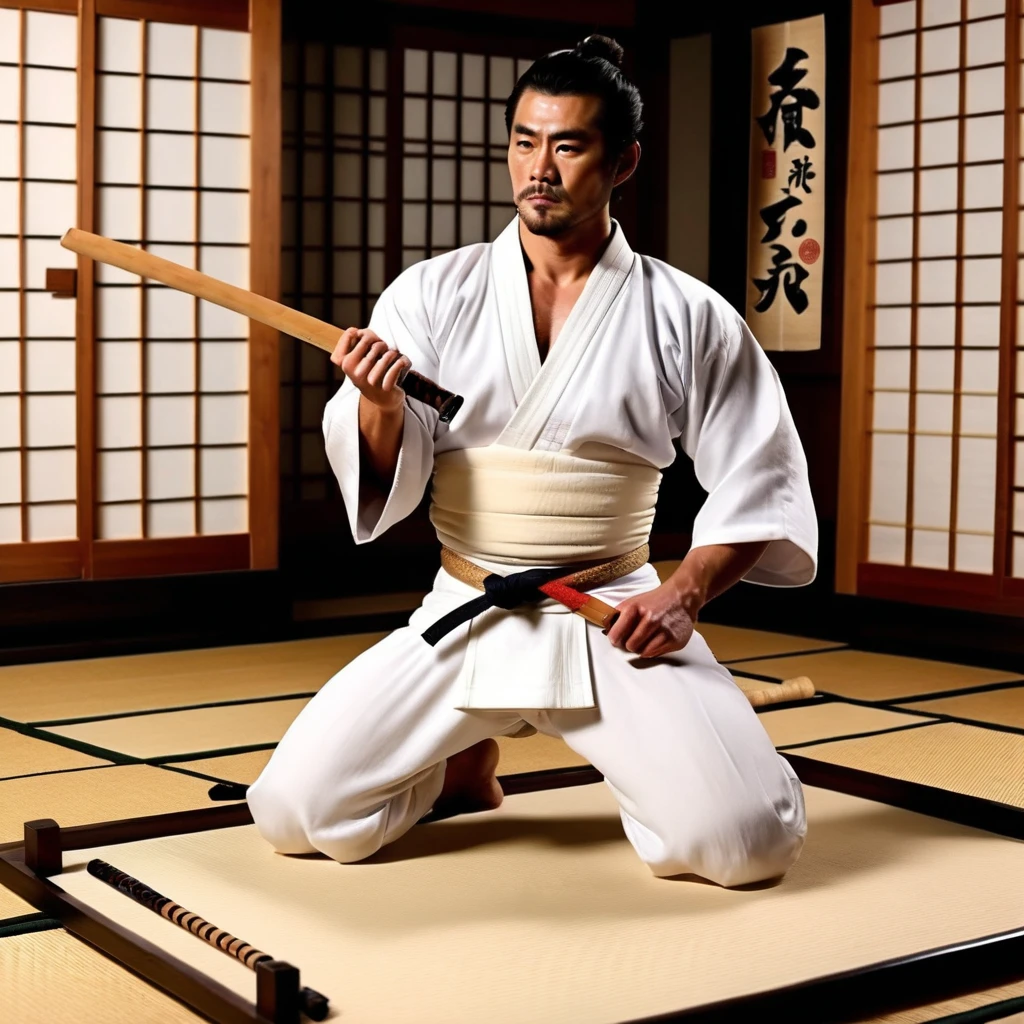 Japanese male samurai, 30 years old, large body, big muscles, slightly hairy, black hair, six pack, body full of wounds, sweaty, tanned skin, dirt, wearing old red and black traditional Japanese armor. , holding a katana, in the middle of the battlefield, Shikoku, fighting stance , full length shot , swollen nipples , puffy nipples , string thong , thigh , dynamic pose , sexy , nsfw , eroticism , lying , legs open wide , sppread legs