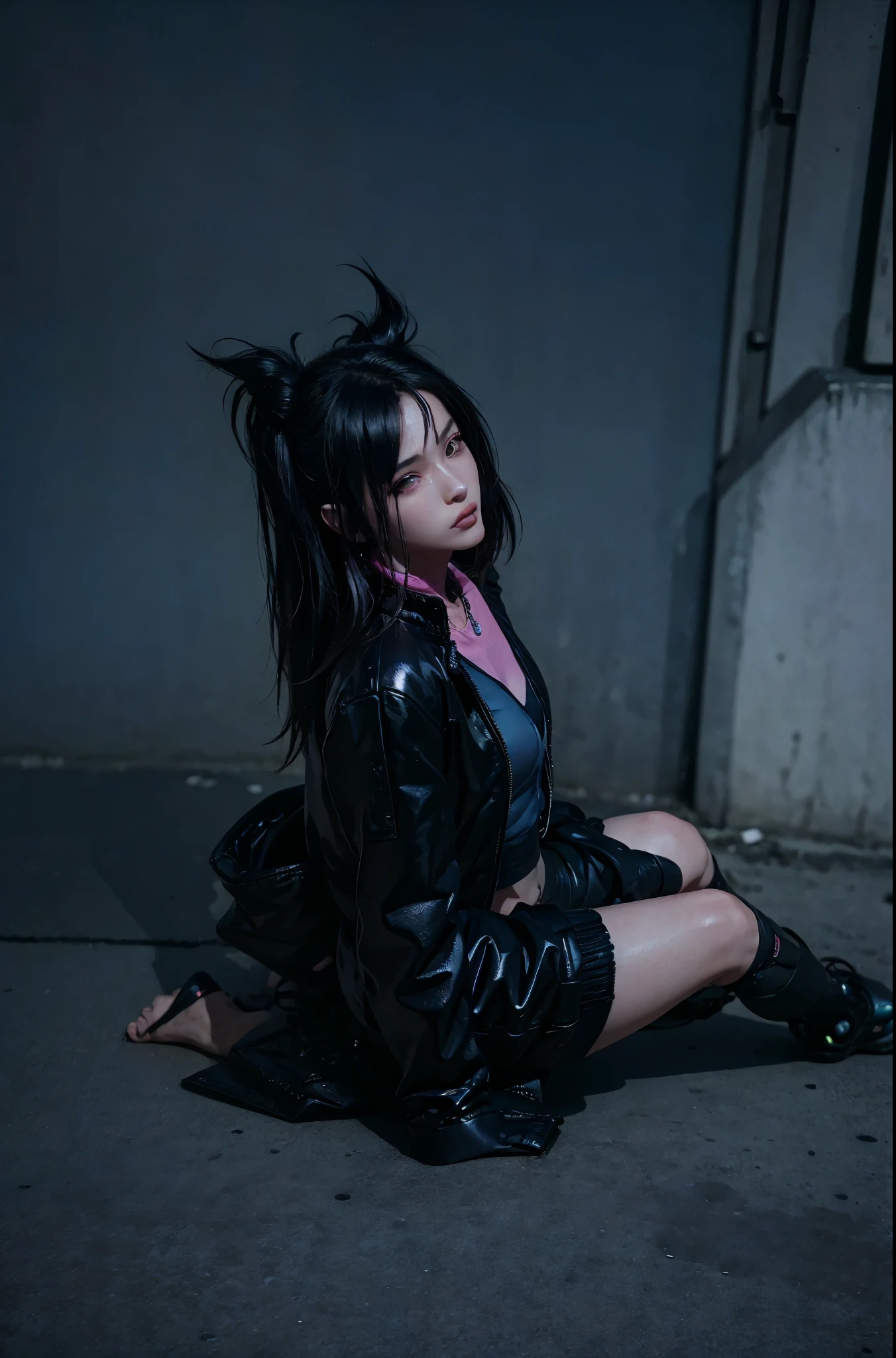 a woman in a pink bikini and black jacket sitting on the street, cyberpunk art style, cyberpunk 2 0 years. o model girl, hyper-realistic cyberpunk style, Cyberpunk vibes, cyberpunk style ， Hyper realistic, cyberpunk beautiful girl, cyberpunk art ultrarealistic 8k, cyberpunk girl, cyberpunk art, female cyberpunk anime girl, in cyberpunk style, Judy Alvarez Cyberpunk