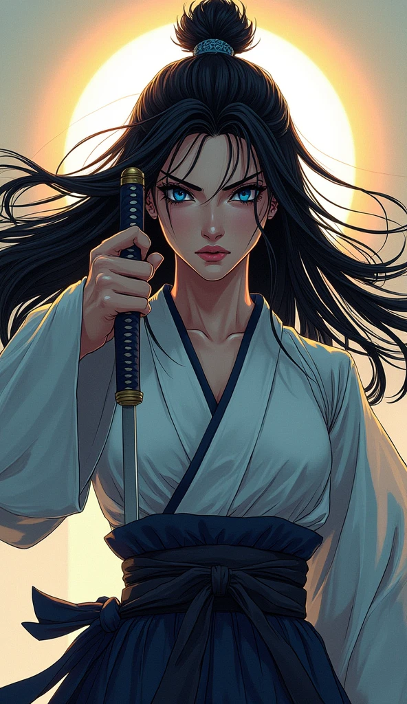 a Japanese comic art of a female samurai, holding a katana in a salute, the Katana glistens in the sun, ready for battle, half of the face are shaded, black hair, long hair, carried in the wind, blue piercing eyes, pale skin, Ultra-high resolution, High Contrast, (masterpiece:1.5), highest quality, Best aesthetics), best details, best quality, highres, 16k, (ultra detailed: 1.5), masterpiece, best quality, (extremely detailed) RAW, (ultra details, Masterpiece, best quality),