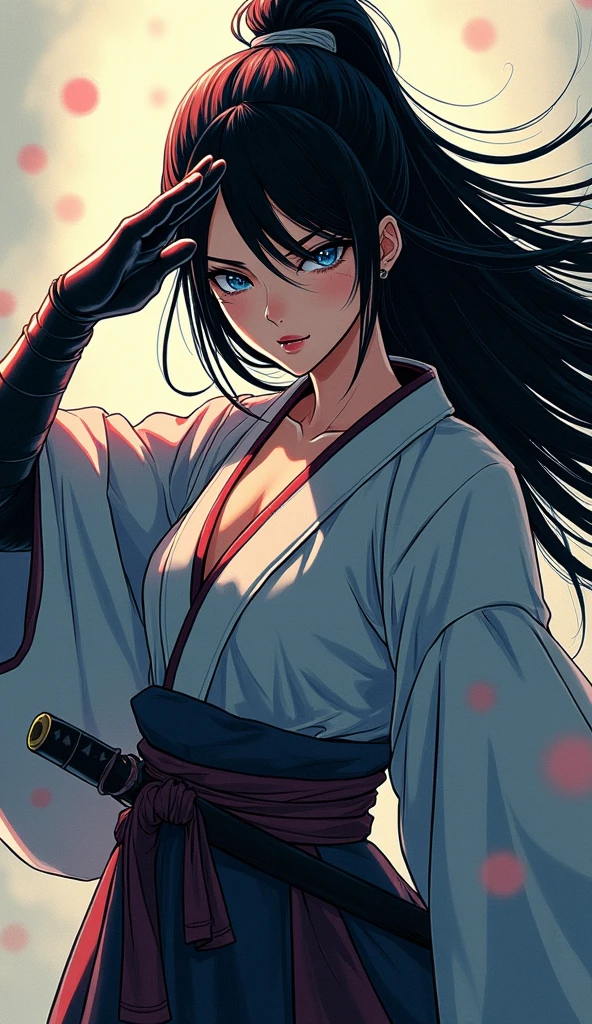 a Japanese comic  art of a female samurai, holding a katana in a salute, the Katana glistens in the sun,  ready for battle, half of the face are shaded, black hair, long hair, carried in the wind, blue piercing eyes, pale skin, Ultra-high resolution, High Contrast, (masterpiece:1.5), highest quality, Best aesthetics), best details, best quality, highres, 16k, (ultra detailed: 1.5), masterpiece, best quality, (extremely detailed) RAW, (ultra details, Masterpiece, best quality),