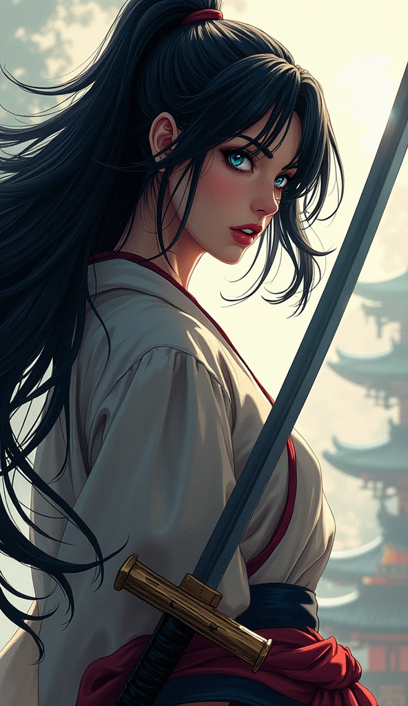 a Japanese comic art of a female samurai, holding a katana in a salute, the Katana glistens in the sun, ready for battle, half of the face are shaded, black hair, long hair, carried in the wind, blue piercing eyes, pale skin, Ultra-high resolution, High Contrast, (masterpiece:1.5), highest quality, Best aesthetics), best details, best quality, highres, 16k, (ultra detailed: 1.5), masterpiece, best quality, (extremely detailed) RAW, (ultra details, Masterpiece, best quality),
