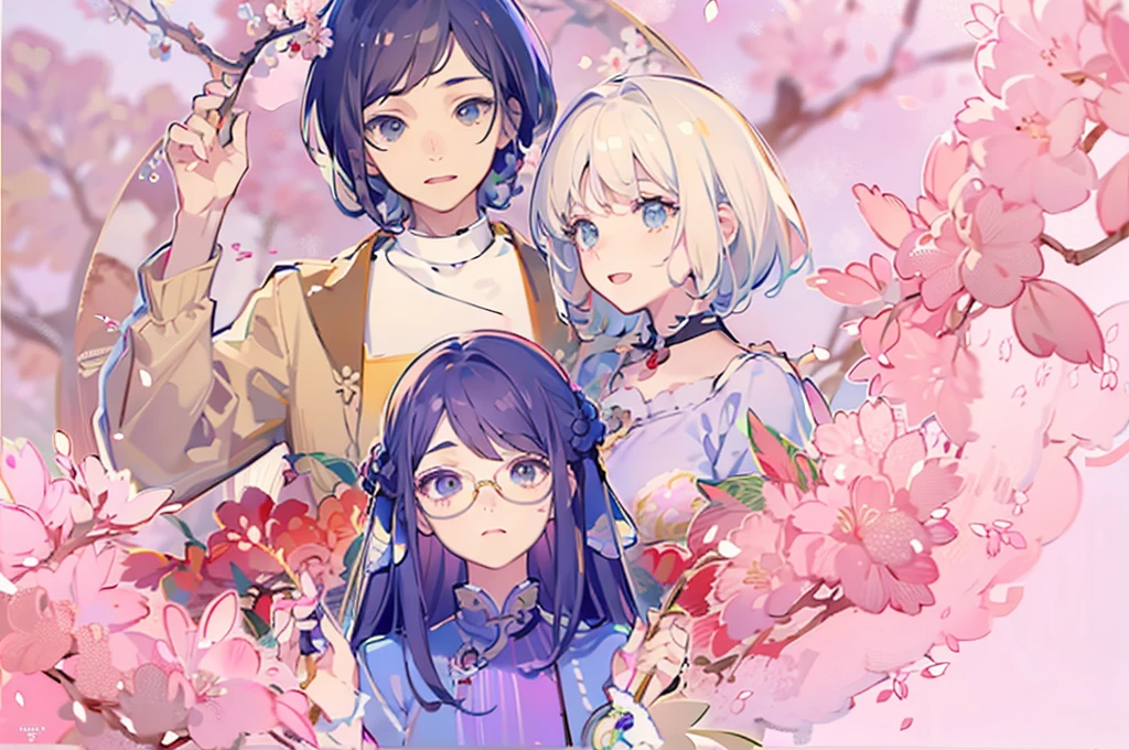 粉色的Cherry blossoms背景，Hidden in the bushes，three people，Dark blue hair。8k，Correct human body，Detailed eye painting，illustration，Highest quality，Exquisite，Detailed face，Masterpiece，flat chest，Slim，young，Pink background，Cherry blossoms，High-end，Hand Painted，Official Fanart, Visual novel, Anime style，Girly Romance, Produced by Anime Painter Studio，Wear modern clothes，masterpiece, best quality,, Intricate details, Perfect, Golden Ratio Composition, 8K resolution, High resolution, fair, Vibrant soft colors