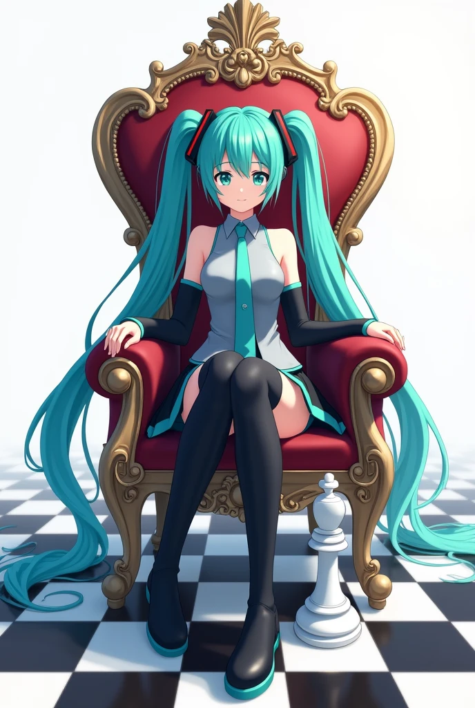 Japanese anime, anime art, anime style, detailed drawing, white background, high definition, high quality, high resolution, chessboard (floor), white king (chess), crown, sceptre, throne, one girl, solo, Miku Hatsune, aqua hair, twintails, head ornament (black / red line), headphones, 01 (number tattoo), grey shirt, collared shirt, sleveless shirt, black sleeves (aqua line), detached sleeves, aqua necktie, aqua nails, black skirt (aqua line), pleated skirt, mini skirt, zettai ryouiki, thigh boots, black thigh-high (aqua line)
