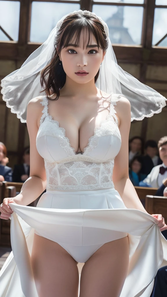 Cowboy Shot、The wind is blowing、In front of the church、sunny、sunny空、Confetti、(Huge breasts:1.4)、(((bride)))、((White Wedding Dress))、((Wedding Style))、(((congratulations on your wedding)))、Highest quality,(RAW Photos:1.2)、(Realistic:1.4),(High resolution:1.4), 1 person, Written boundary depth,, Exquisitely crafted,8k, Very detailed, Perfect lighting, Spectacular Background、((Delicate painting))，(の詳細なRAW Photos),(Highest quality:1.6), (超High resolution:1.5), (Realistic:1.75), 8k解像度, Canon EOS R5, 50mm,  Very detailedな,Cinema Lighting,(((Skirt Lift)))、((Not wearing underwear))、Lace gloves, Spread your legs