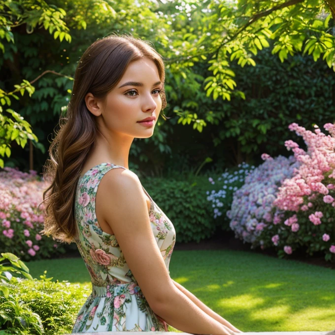 a beautiful young woman in a garden, intricate floral dress, detailed facial features, (best quality,4k,8k,highres,masterpiece:1.2),ultra-detailed,(realistic,photorealistic,photo-realistic:1.37),detailed flowers and plants, lush greenery, natural sunlight, warm color tones, cinematic lighting, elegant, serene, peaceful