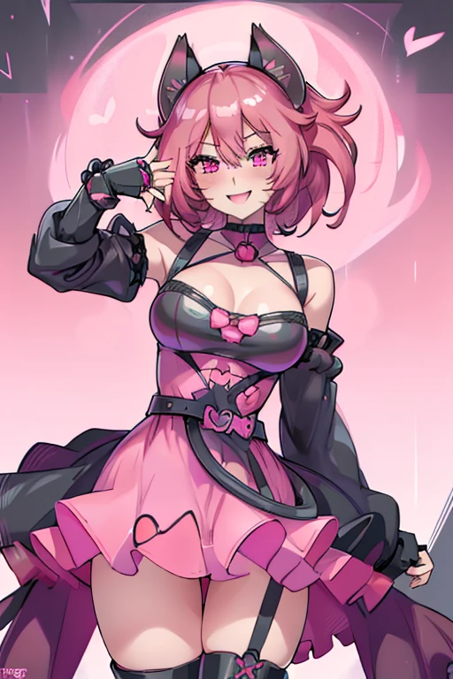 female, pink short messy hair, red eyes, black cat ears, pink cat tail, (((1girl))), (((black and pink minidress))), (pink belt), (black fingerless gloves), (black thigh high boots), (rose tinted glasses), cute and sexy, full body, big breasts, long legs, smiling