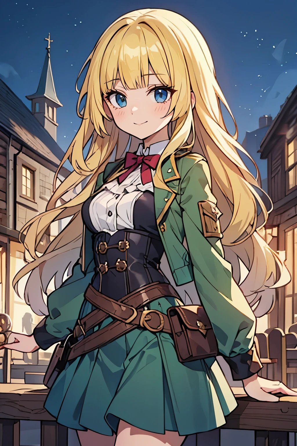 solo girl, (young female body:1.4), ( medium small breasts), knee length hair, yellow long hair, voluminous wavy very long yellow hair, extra long yellow hair, hime cut, light blue eyes, cowboy shot, castle background, medieval town with a castle, outdoor pub, town center, adventurer outfit, green skirt with belt, long sleeve top, green corset, steampunk aesthetic, short jacket,