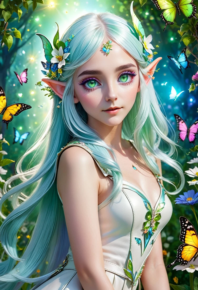 full body portrait of a young shy elven girl with pointy ears and white and light blue hair in a white and a light leather dress with decorations, shiny light green eyes, in her hair she is wearing amall colourful flowers as accessories, flower accessories, bright colours, detailed eyes, delicate features, shy glance, long white and blue hair, Sanfte Beleuchtung, in the background is a flowerfield with some trees and shiny colourful butterflies are surrounding her, best quality, 4K, High Resolution, ultradetailliert, realistisch,