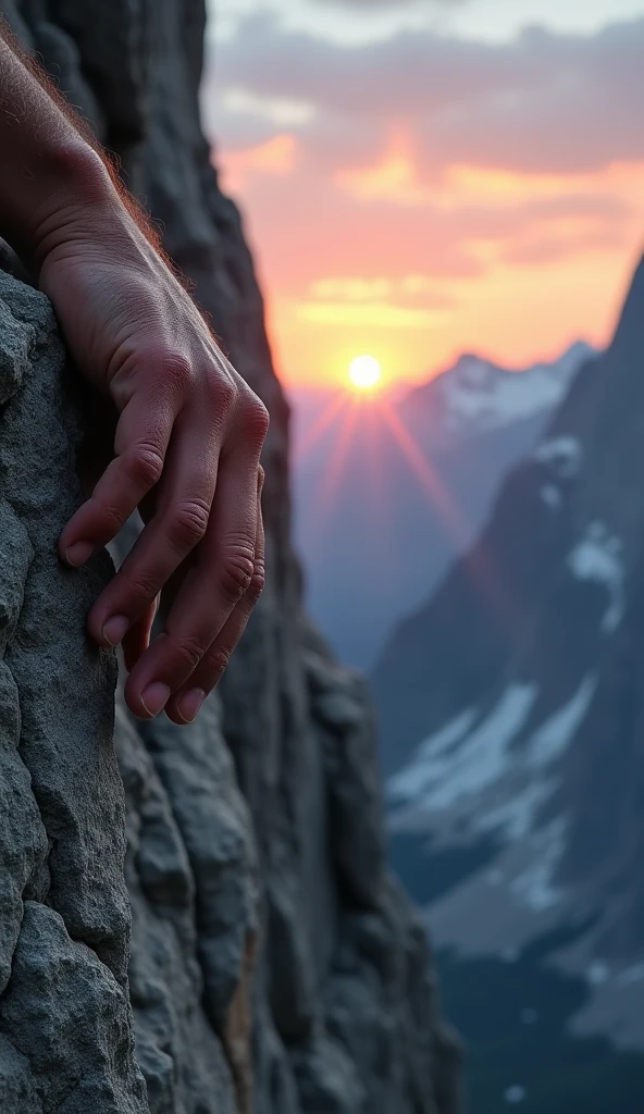close-up on the hand of a mountain climber holding on with his fingertips to a small edge of a rock above a high cliff