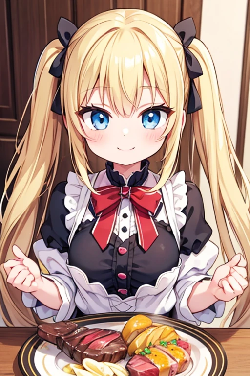 A happy smile,Large serving of beef steaks,large amount of steak,Highest quality,Blonde with blue eyes、Lolita、Small breasts、Twin tails、girl&#39;enjoy,smile,bonnet,